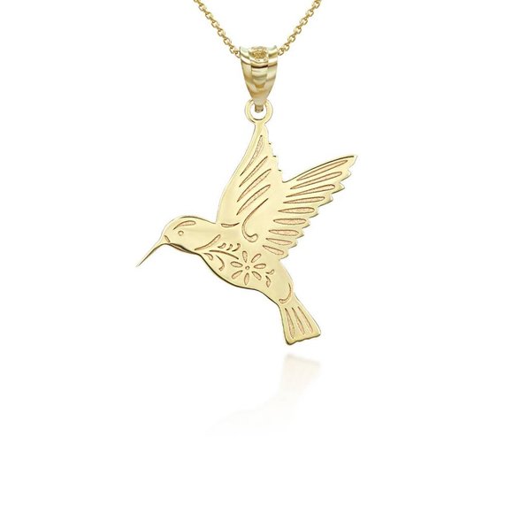Solid 10k Gold Humming Bird Pendant Necklace - Yellow Rose or White